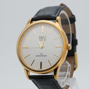 Q&Q Quartz 40mm Gold Tone Dress Watch Black Strap White Dial